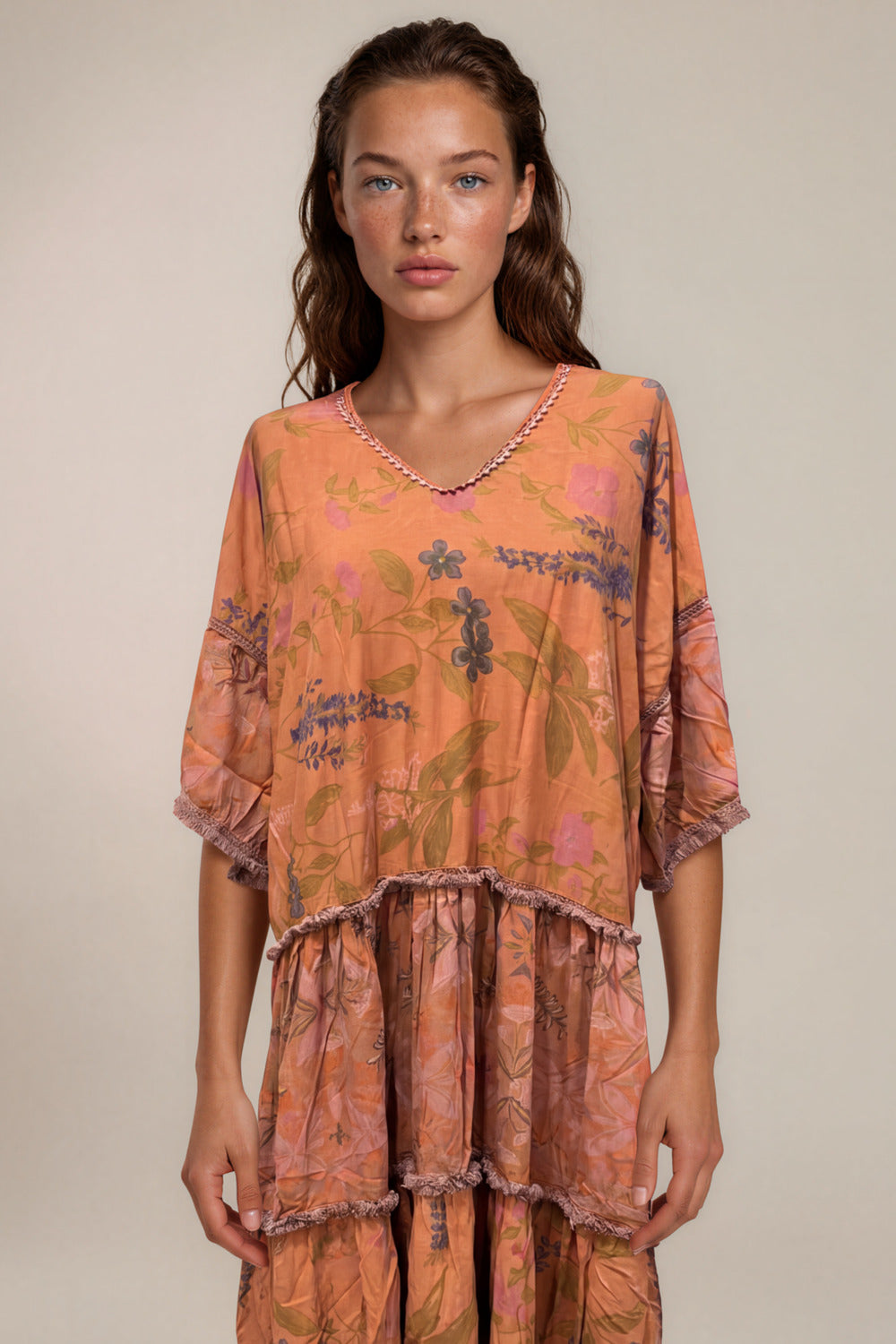 Vestido Longo Laranja Escuro Patchwork Yacamim E20
