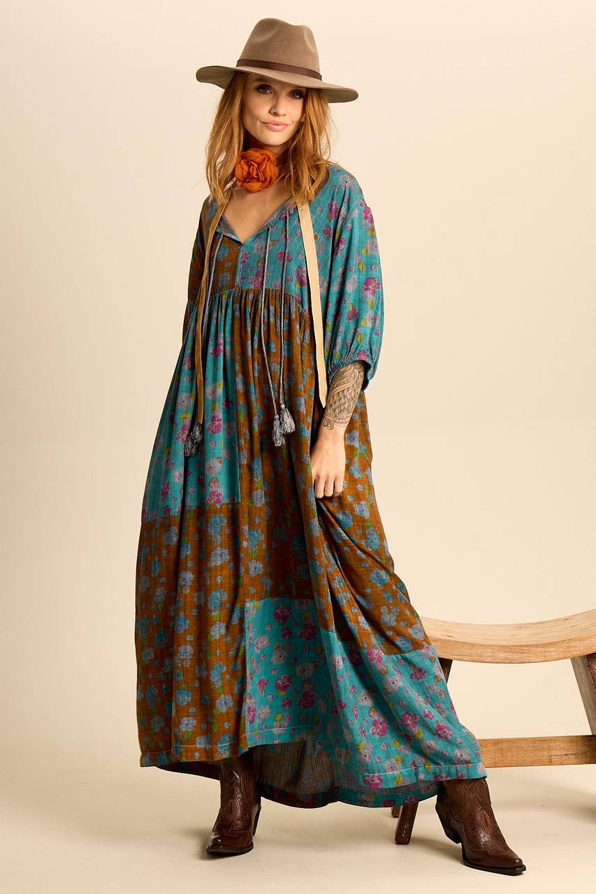 Teal Long Dress with Pom-pom Drawstrings Patchwork Yacamim