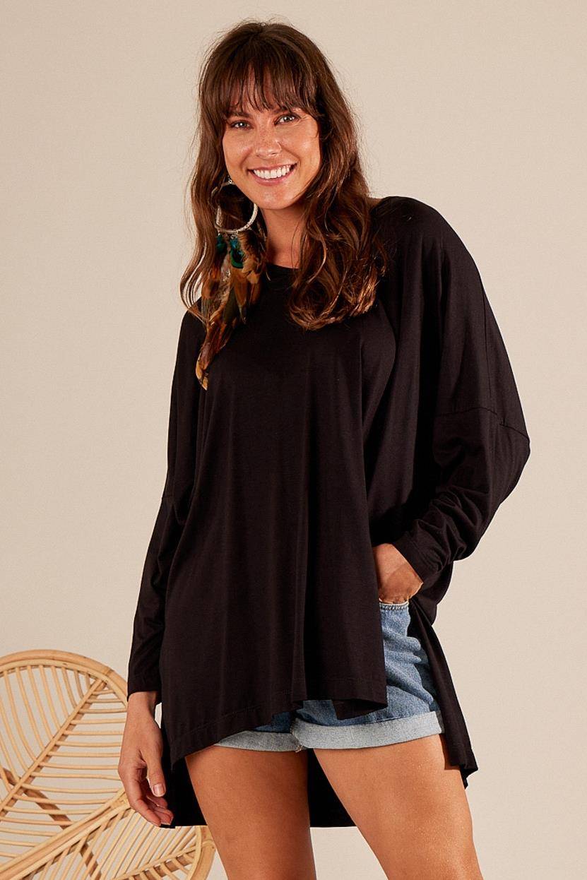 Yacamim Women's Black Extended Back Loose Basic Blouse