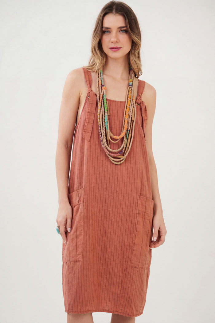 Terracotta Short Dress with Thin Stripes Yacamim C17