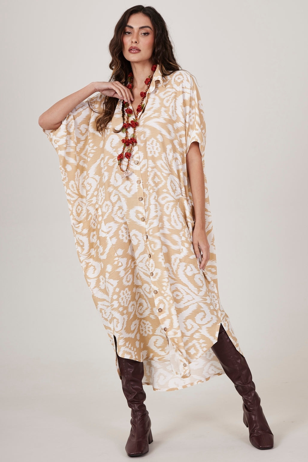 Yacamim L1 Mustard Printed Button-Front Midi Shirtdress