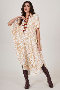 Yacamim L1 Mustard Printed Button-Front Midi Shirtdress