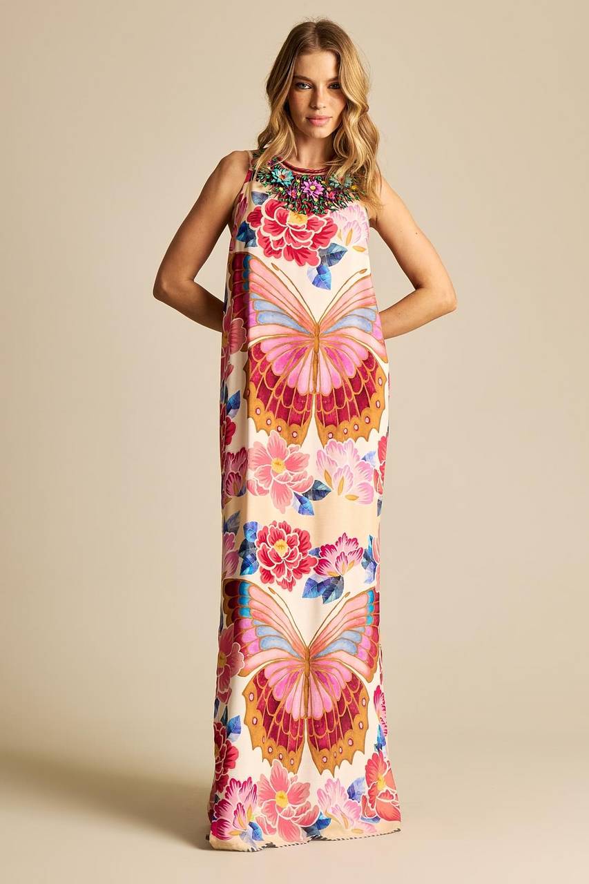 Yacamim E19 Pink Butterfly Print Long Dress with Adjustable Straps