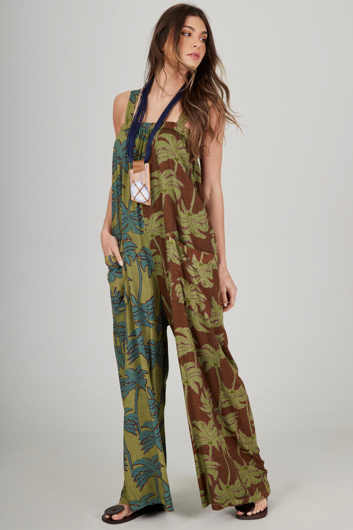 Long Palazzo Jumpsuit Green Coconut Tree Print Patchwork Yacamim O7