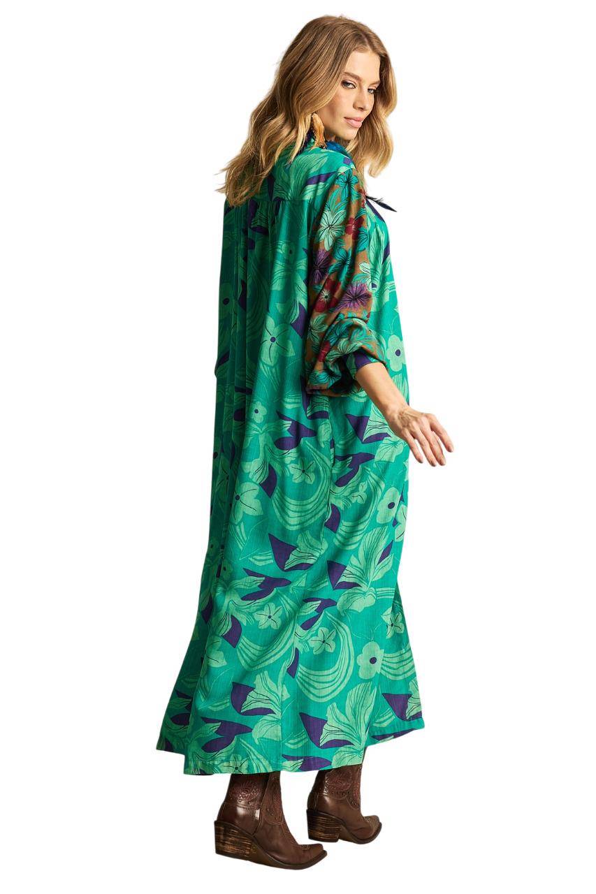 Long Patchwork Yacamim Green P4 Puff-Sleeve Shirt