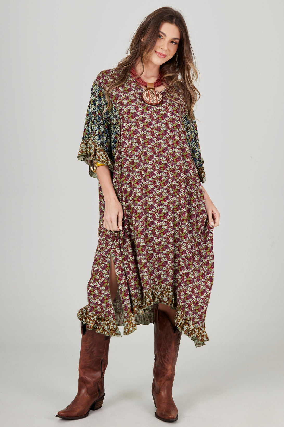 Burgundy and Green Patchwork Kaftan Midi Yacamim J1