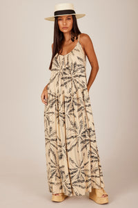 Yacamim D18 Beige Printed Linen Long Dress