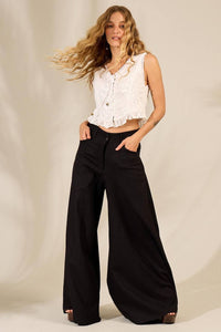 Black Viscose Linen Palazzo Pants Yacamim G10