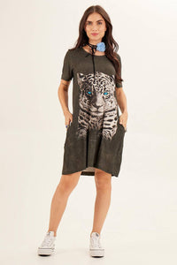 Yacamim Graphite Short Dress with Exclusive Leopard Print