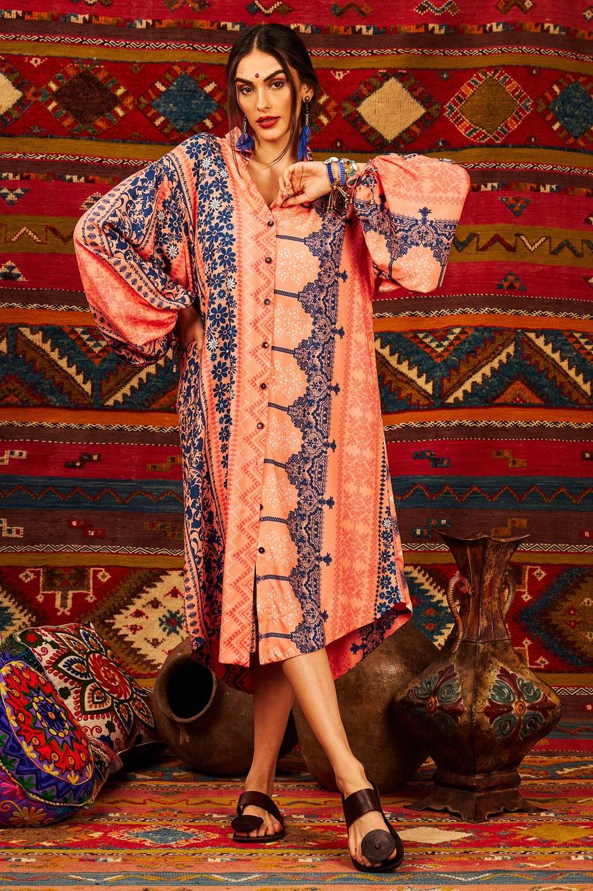 Salmon Printed Yacamim Midi Shirt with Puffy Sleeves