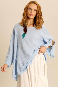 Yacamim Light Blue Loose-Fitting Tunic with Long Sleeves