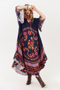 Vestido Amplo Midi Azul Marinho Paisley Yacamim C2