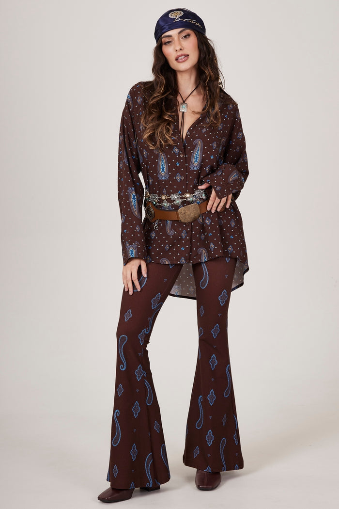 Dark Brown Flare Trousers with Cashmere Print Yacamim A33