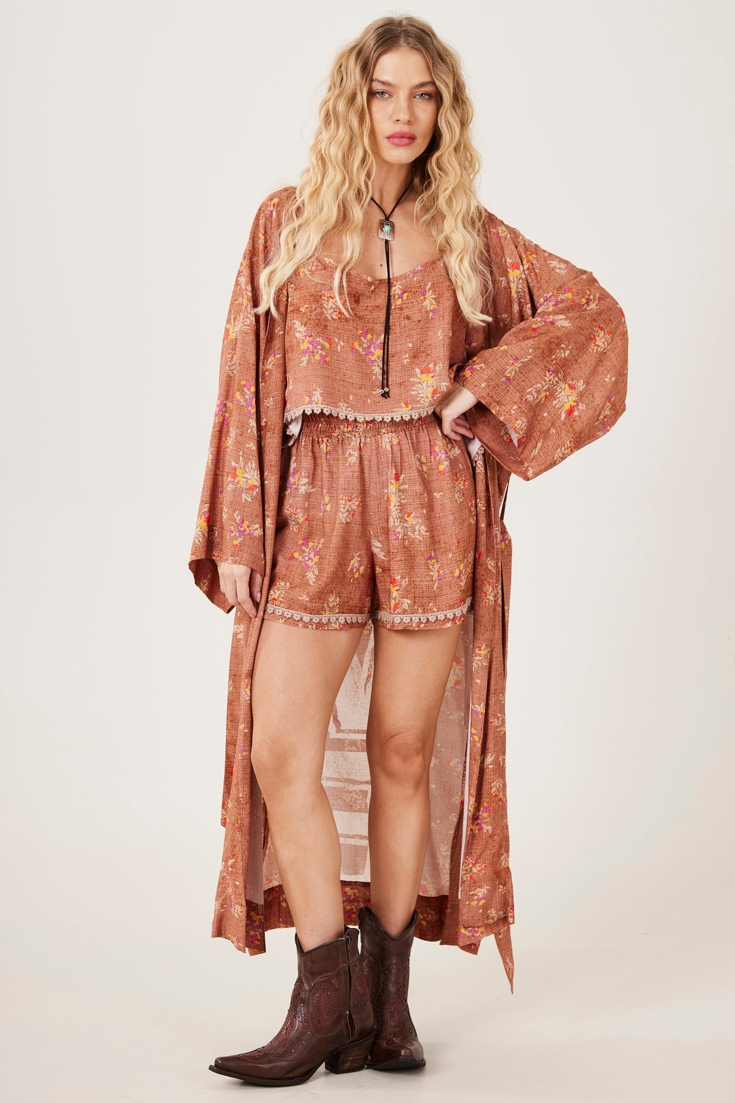 Yacamim J7 Light Brown Long Kimono with Love Print
