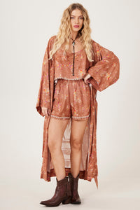 Yacamim J7 Light Brown Long Kimono with Love Print