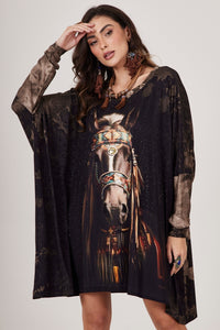 Yacamim B5 Black Wide Tunic with Horse Print and Rhinestones
