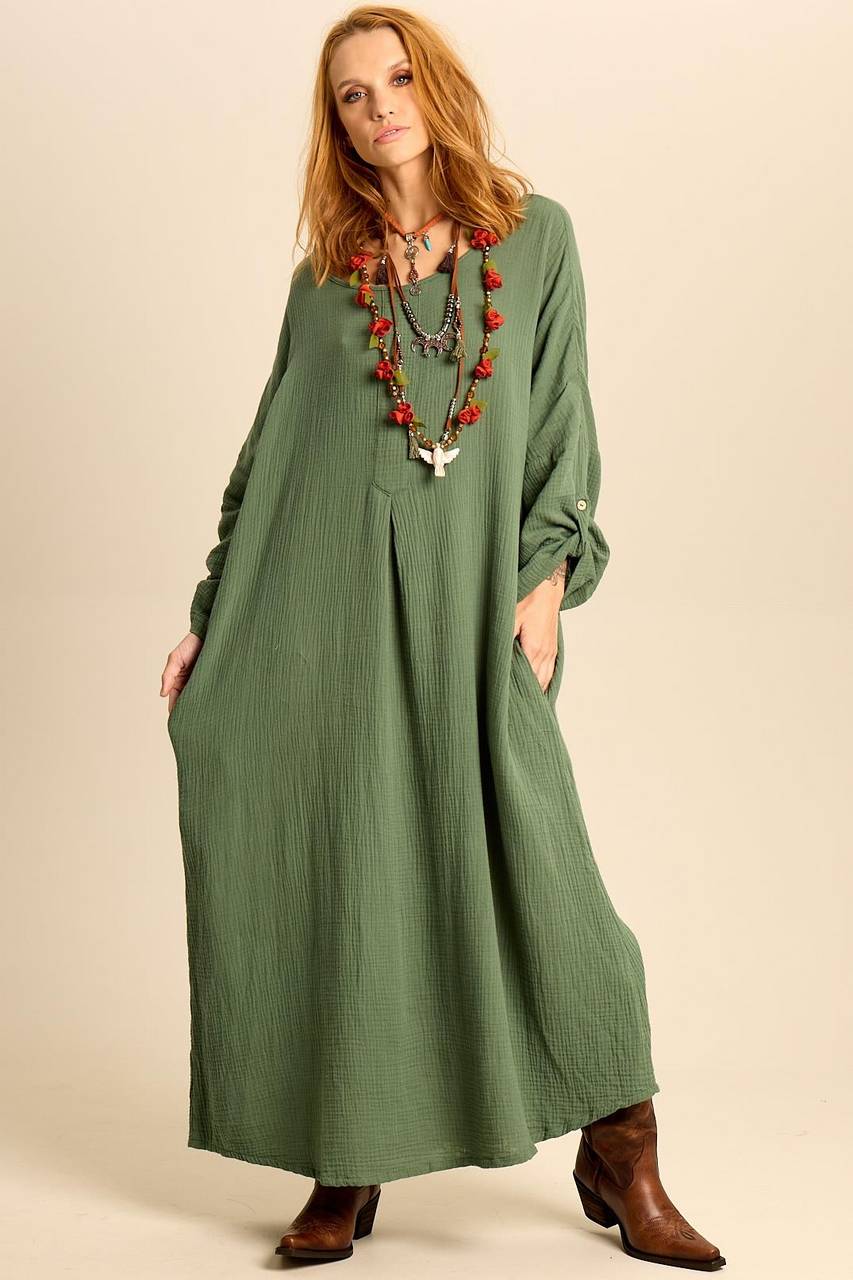 Long Dress with Long Sleeves and Pockets Moss Green Yacamim D26