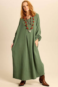 Long Dress with Long Sleeves and Pockets Moss Green Yacamim D26