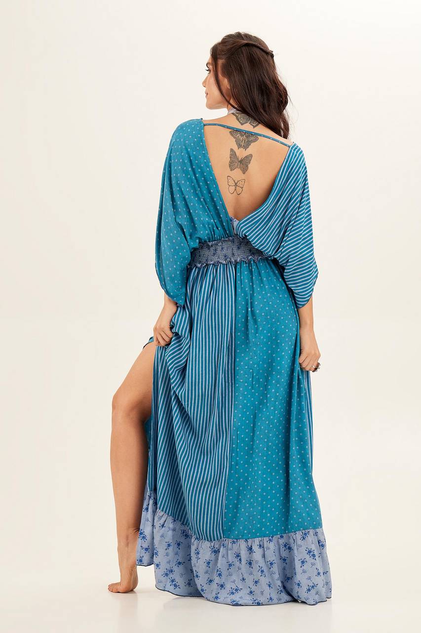 Yacamim Blue Patchwork Off-the-Shoulder V-Neck Maxi Dress