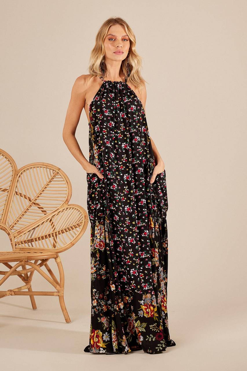 Yacamim Black Patchwork Long Dress with Tunnel Straps and Side Pockets
