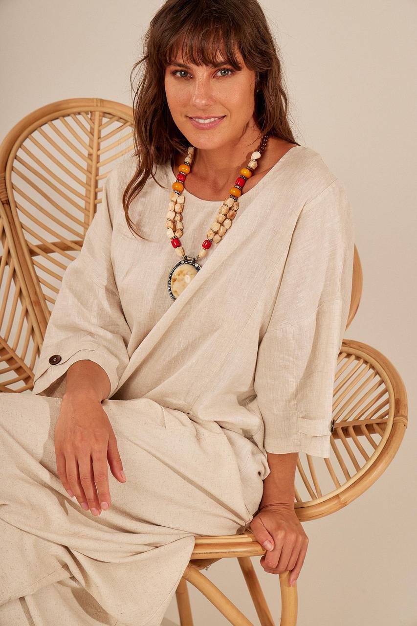 Yacamim Wide Beige 100% Linen Cambric Blouse