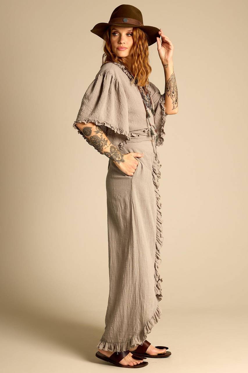 Yacamim A9 Ruffle High-Waisted Trousers in Green Tone