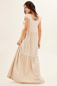 Yacamim Beige Linen Long Dress with Lace Inserts