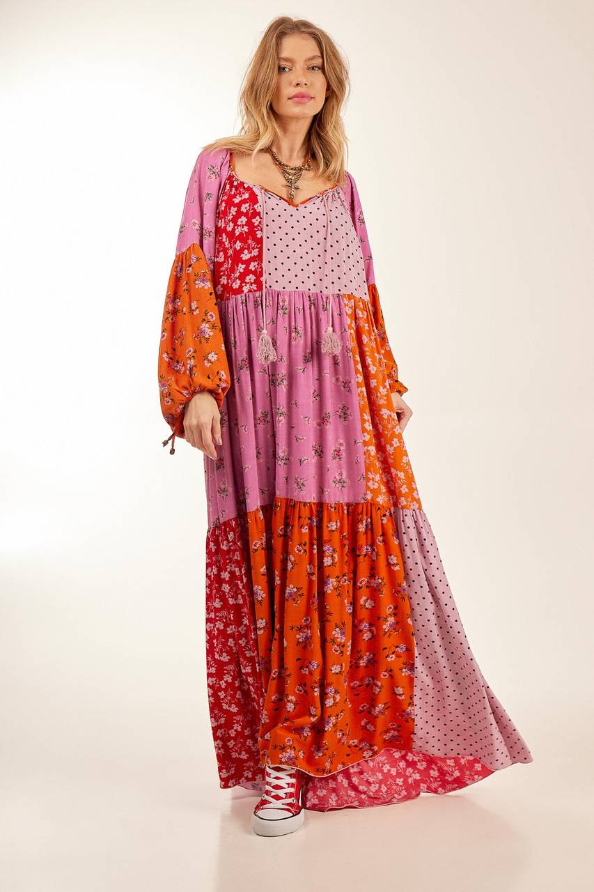 Yacamim Pink Patchwork Wide Long Dress with Puffed Long Sleeves<br />
<p>
</p>