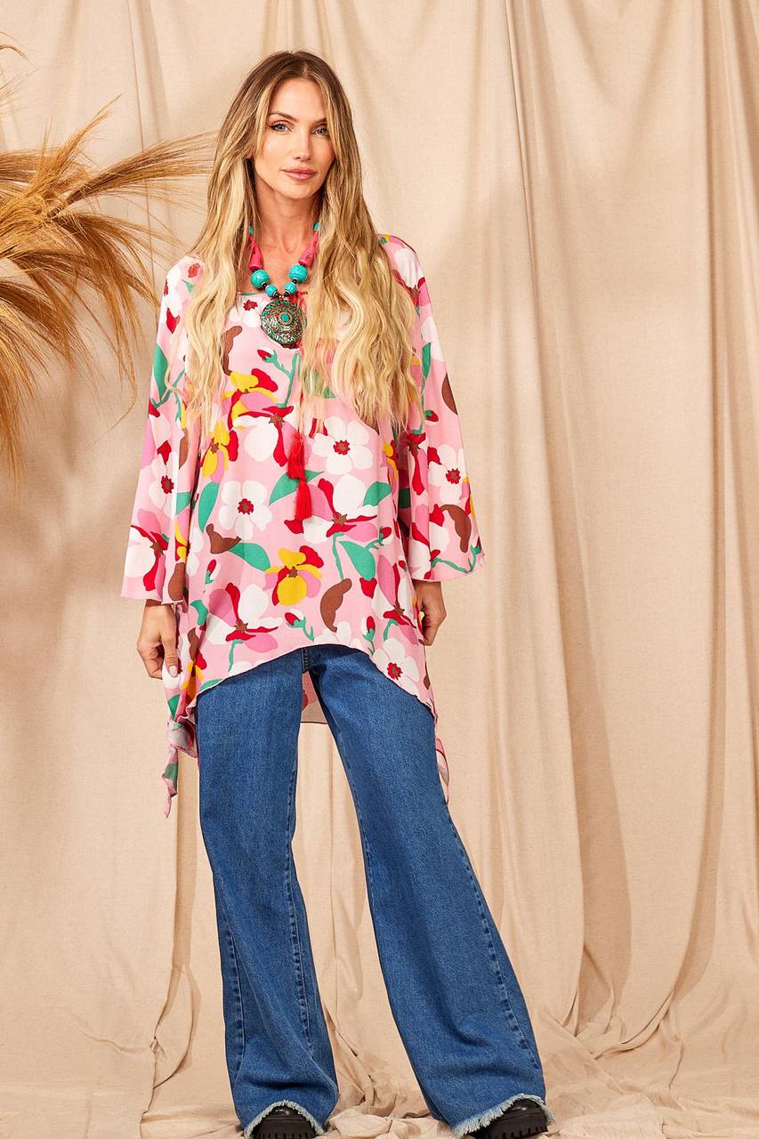 Yacamim Pink Printed Long Tunic with Peaks