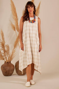 Yacamim Beige Plaid Sleeveless Midi Dress with Side Hem