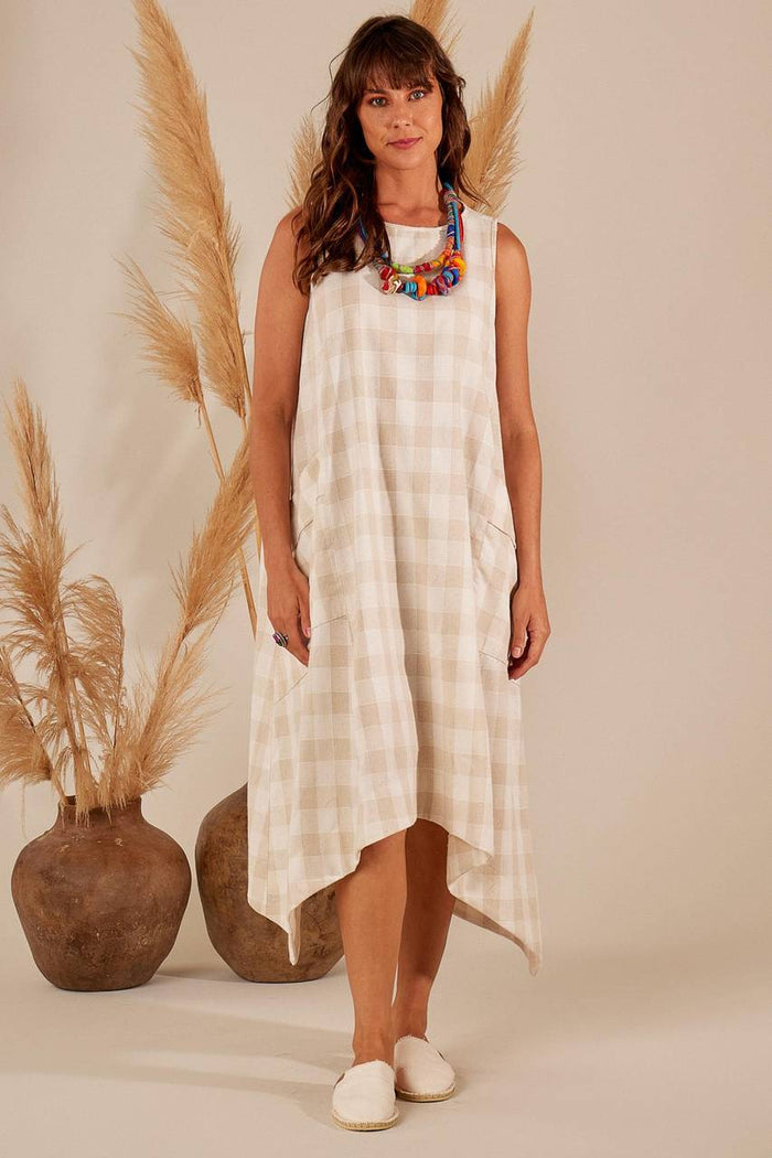 Yacamim Beige Plaid Sleeveless Midi Dress with Side Hem