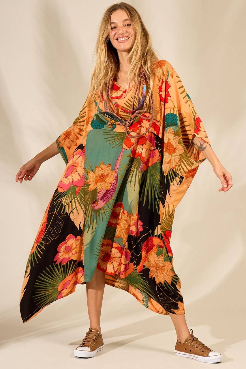 Yacamim Orange Patchwork Wide Midi Kaftan