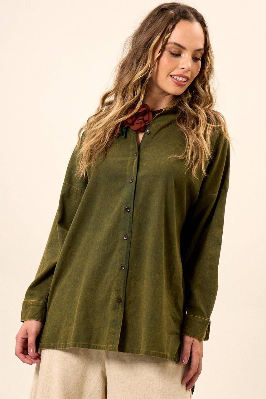 Yacamim A4 Green Stonewashed Extended Viscose Linen Loose Shirt