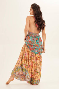 Yacamim Orange Patchwork Halter Maxi Dress