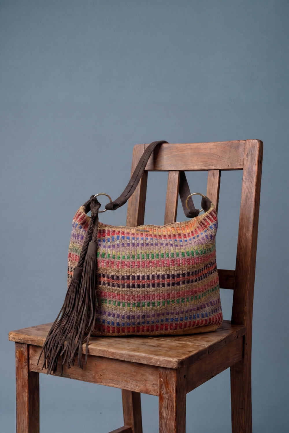 Weaving Bag with Colorful Side Strap #1054