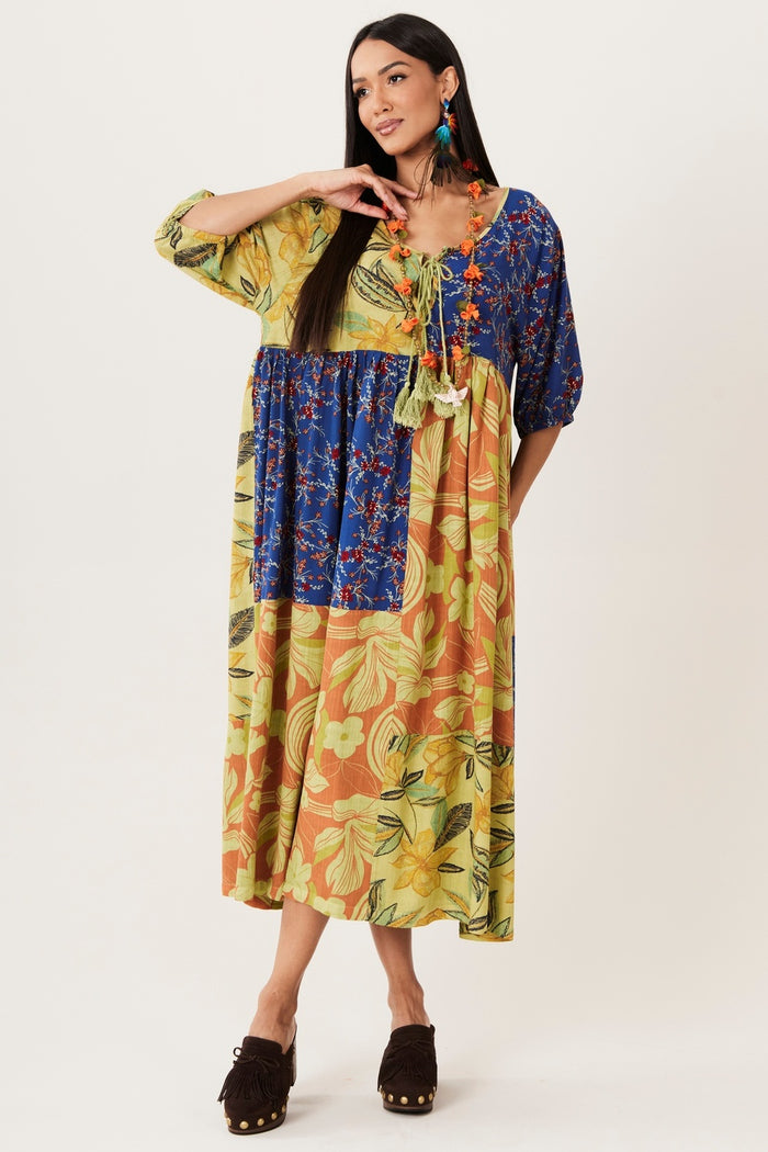 Yacamim D26 Green and Blue Patchwork Braided Midi Dress