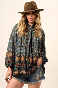 Yacamim Women's Black Printed Batwing Blouse with Puffed Long Sleeves B12