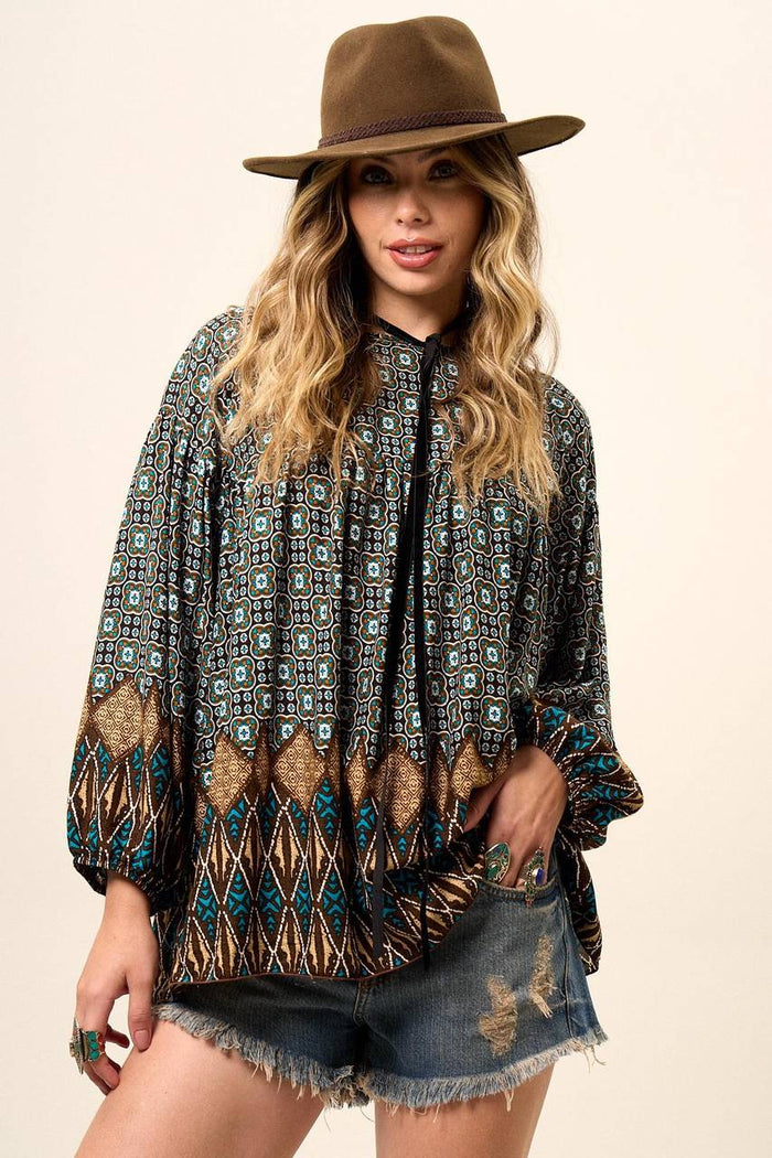 Yacamim Women's Black Printed Batwing Blouse with Puffed Long Sleeves B12