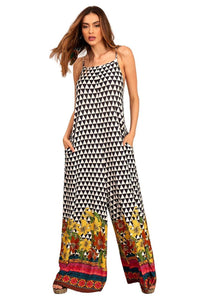 Yacamim Geometric Print Black and White Wide-Leg Jumpsuit with Pockets