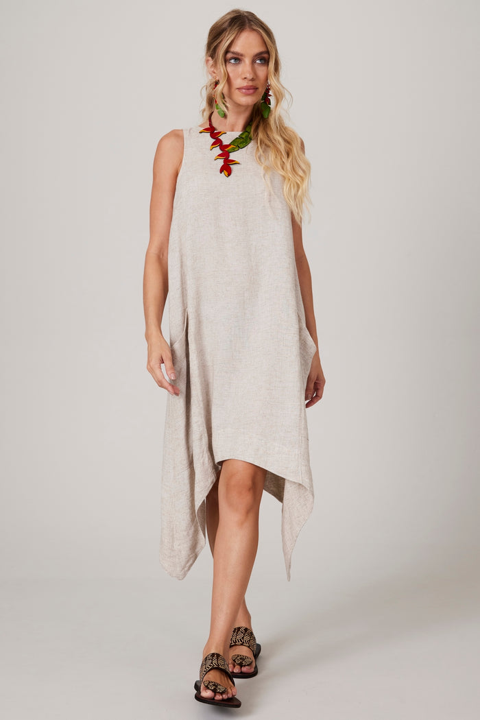 Yacamim E27 Plain Beige Linen Sleeveless Short Dress