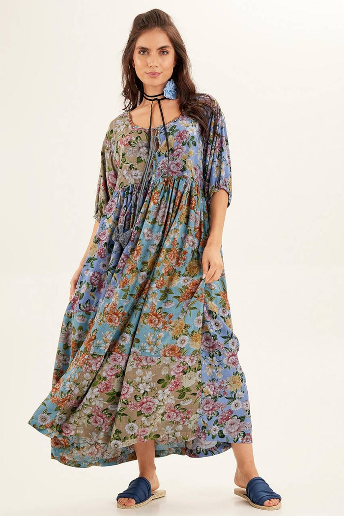 Yacamim Blue Patchwork 3/4 Sleeve Midi Dress