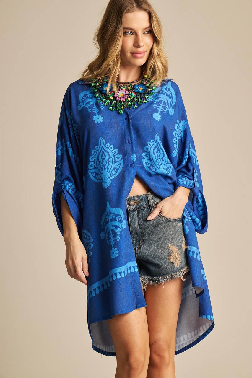 Yacamim P5 Blue Printed 3/8 Sleeve Short Shirt