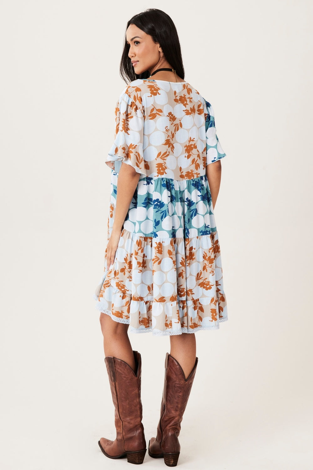 Yacamim Light Blue Polka Dot Patchwork Loose Short Dress C2