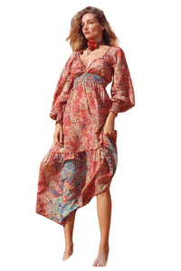 Long Dress V-Neck Off-Shoulder Pink Printed Patchwork Yacamim E11