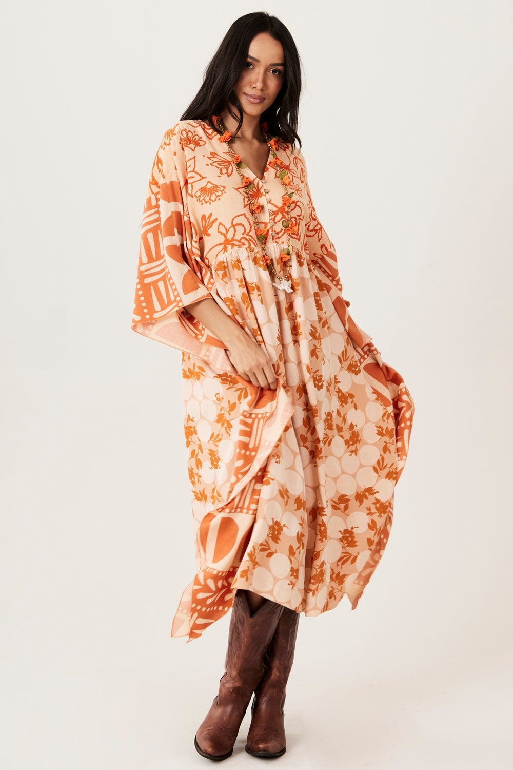 Light Orange Midi Kaftan with Polka Dot Print Yacamim J9