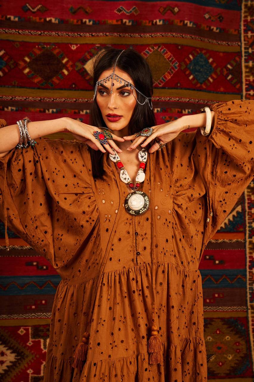 Yacamim Brown Broderie Long Dress with Puff Sleeves and V-Neck