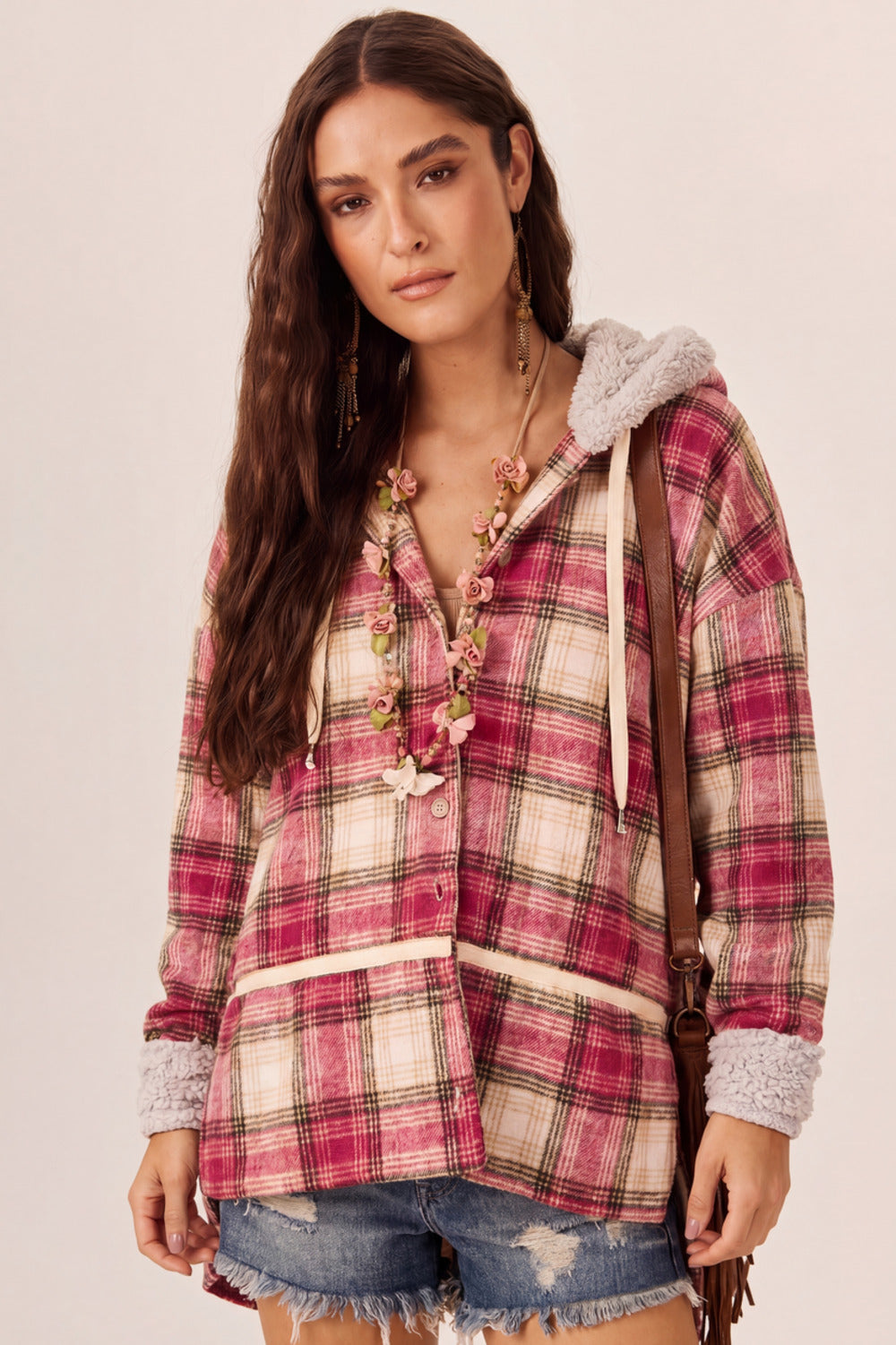 Yacamim Women's Pink and Beige Plaid Fleece-Lined Oversized Hooded Jacket L9
