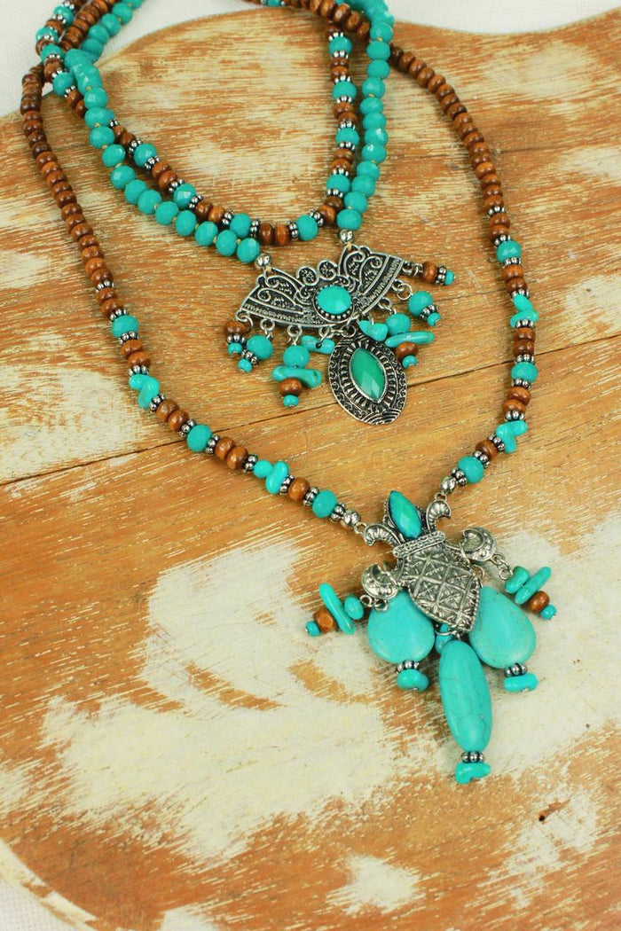Yacamim Wooden Bead and Green Stone Necklace #429
