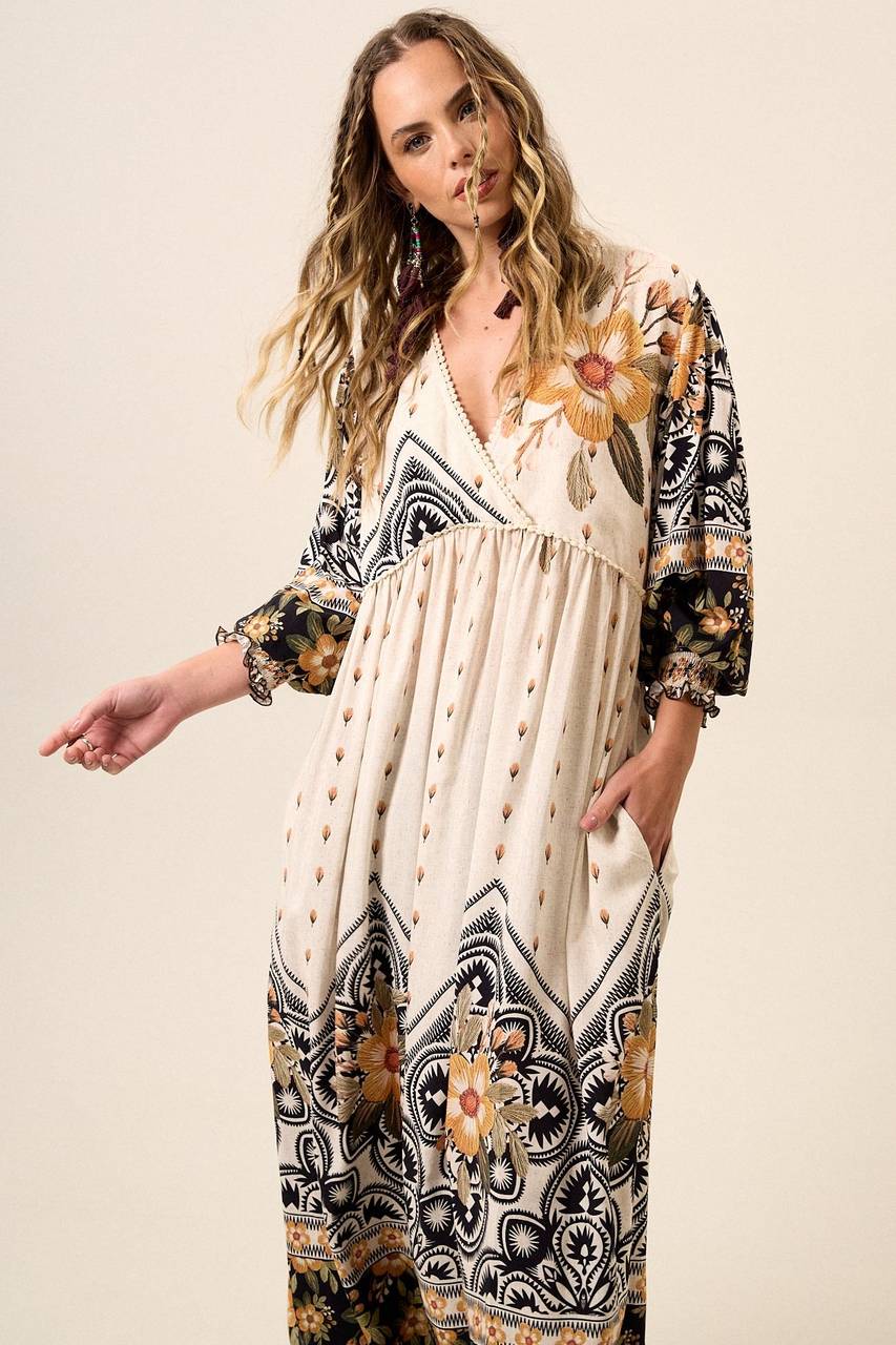 Yacamim Beige Printed Long Dress with Puffy Sleeves