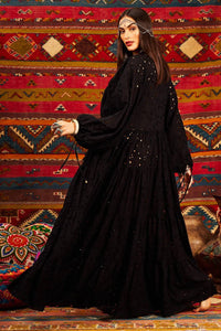 Yacamim Black V-Neck Broderie Long Dress with Puffed Sleeves